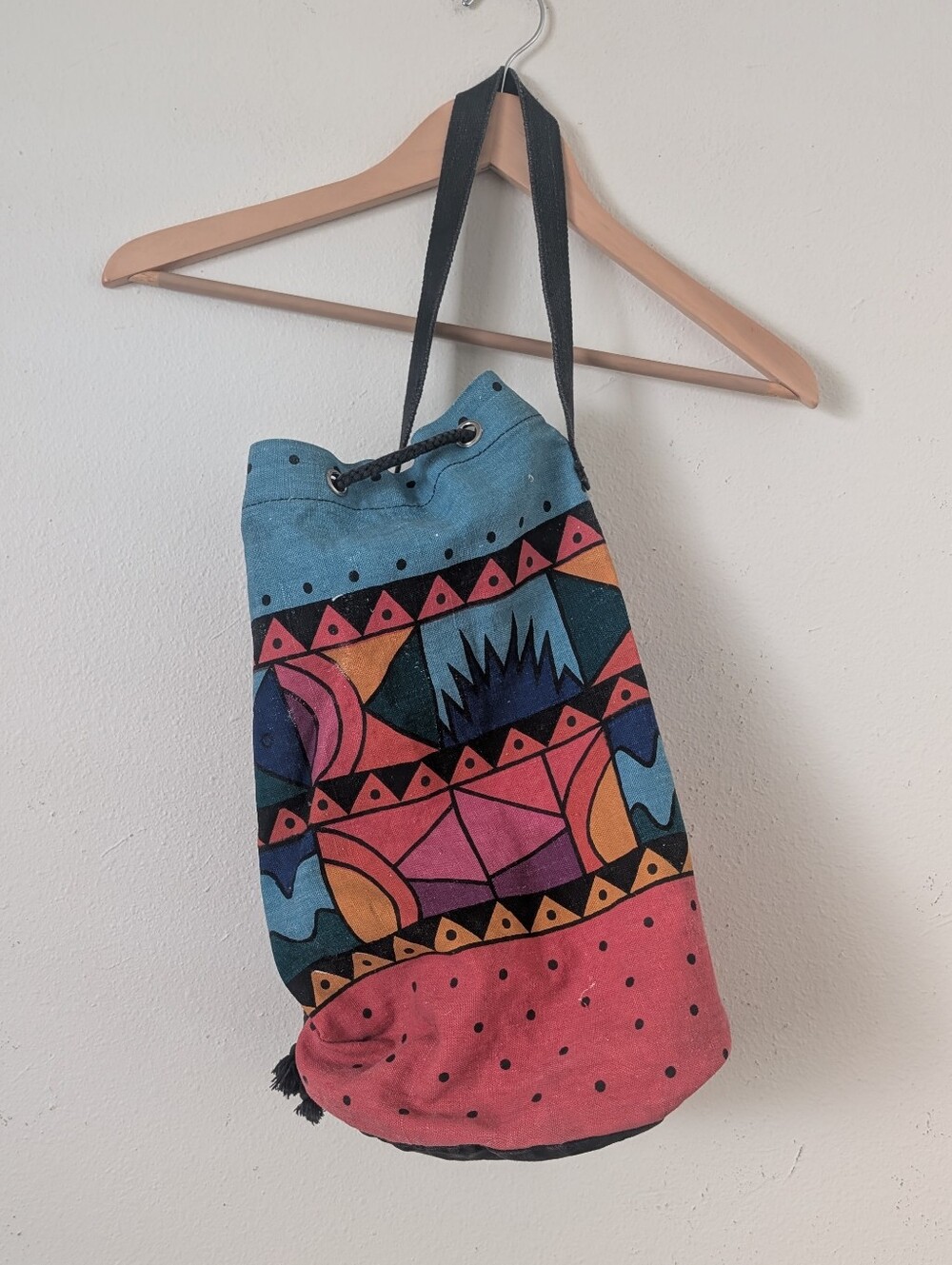 Vintage 80s 90s Speigel Colorful Geometric Print Barrel Bag